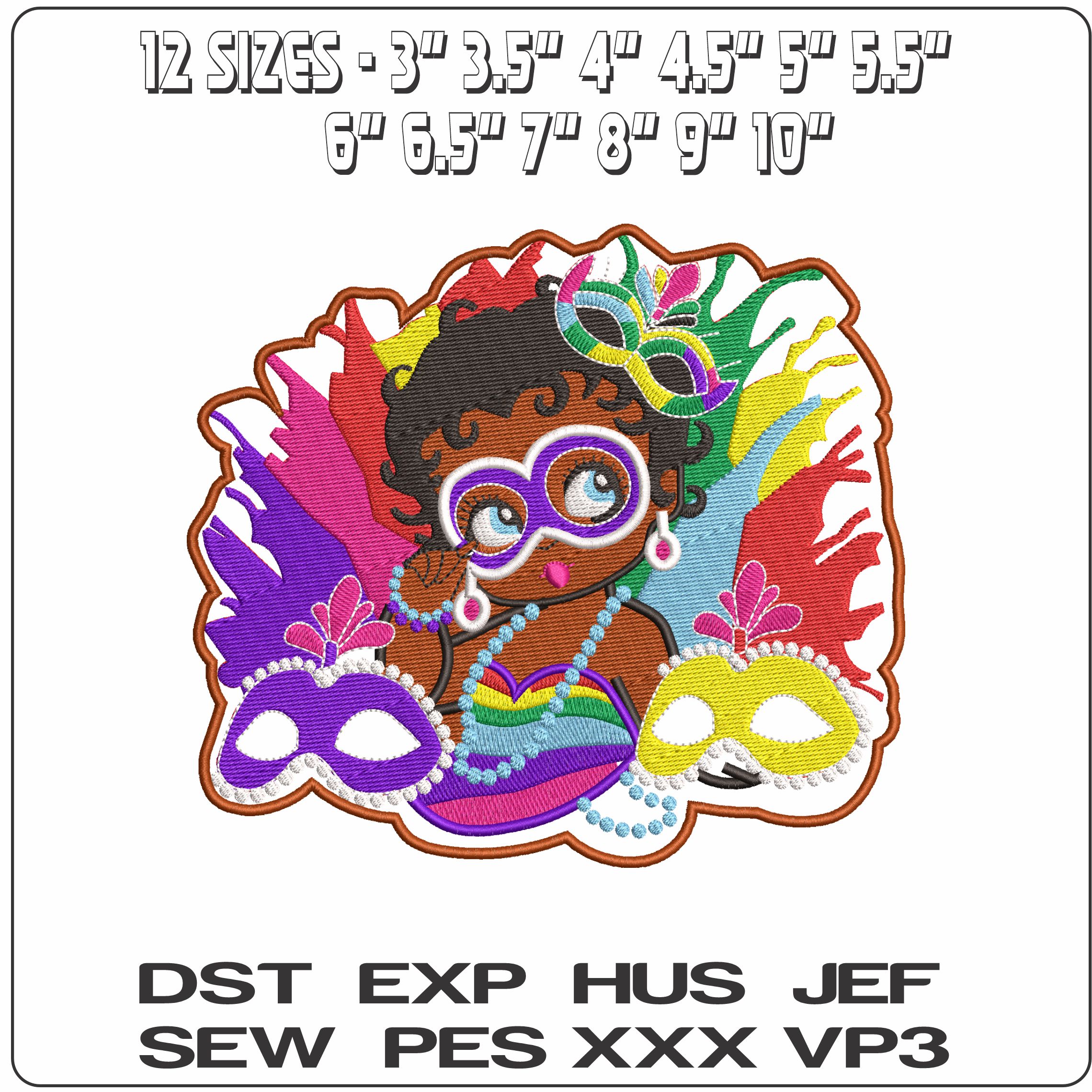Betty boo with Glasses and Mask   - Elegant embroidery design file - instant download — view 2