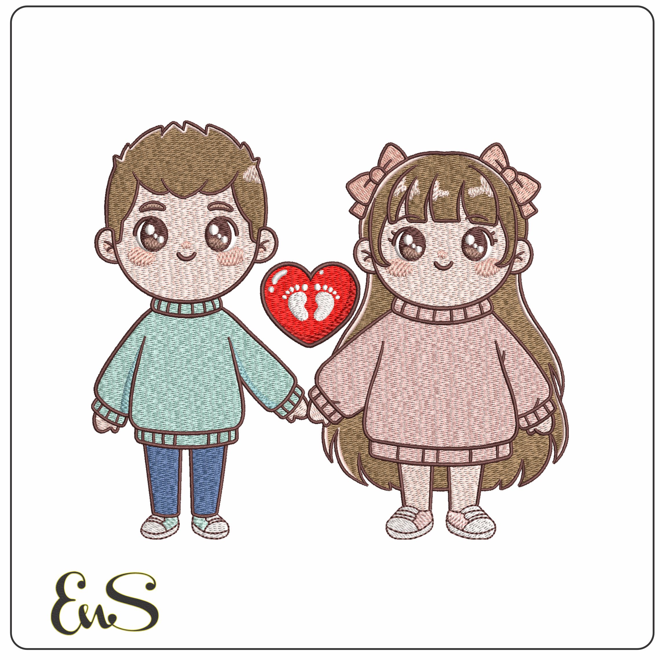 Boy and Girl Heart with Baby Feet   - Elegant embroidery design file - instant download
