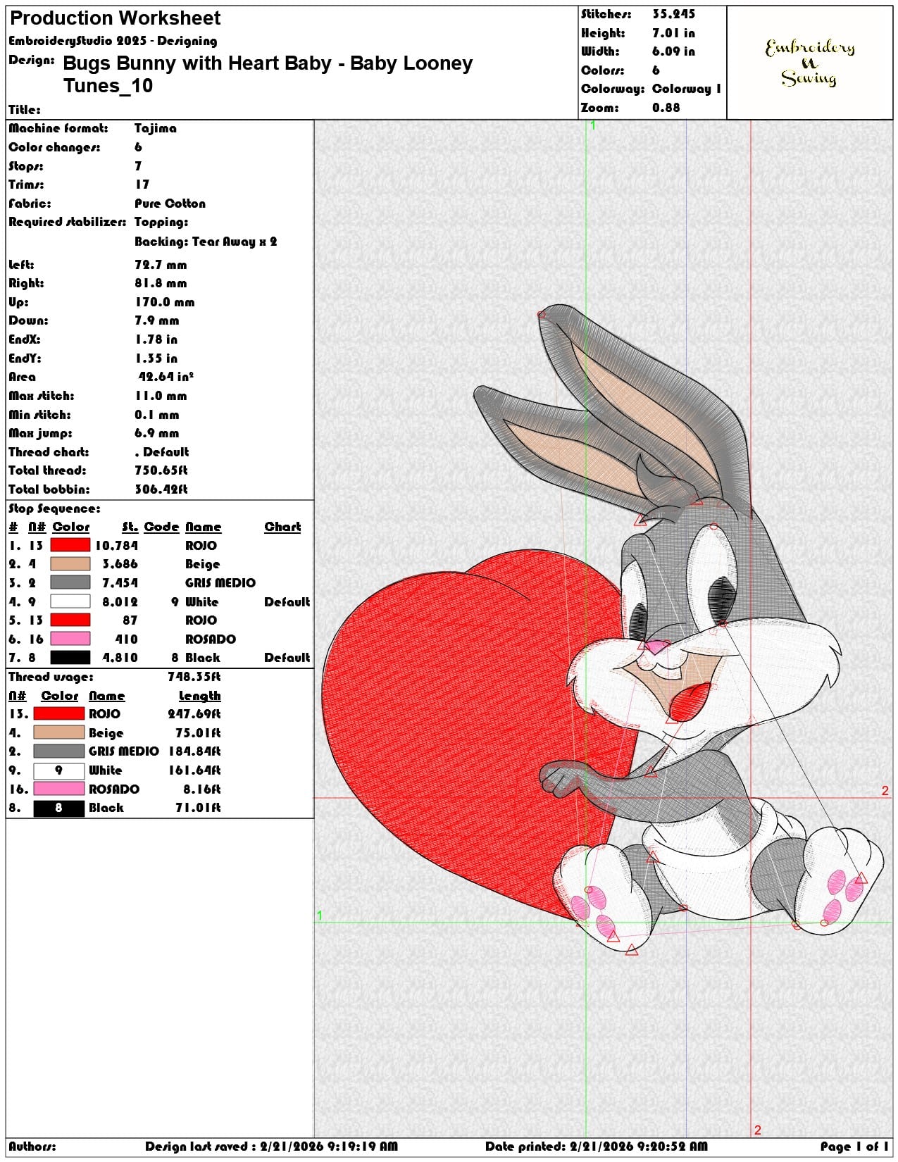 Bugs Bunny with Heart Baby Baby Looney Tunes   - Elegant embroidery design file - instant download — view 3