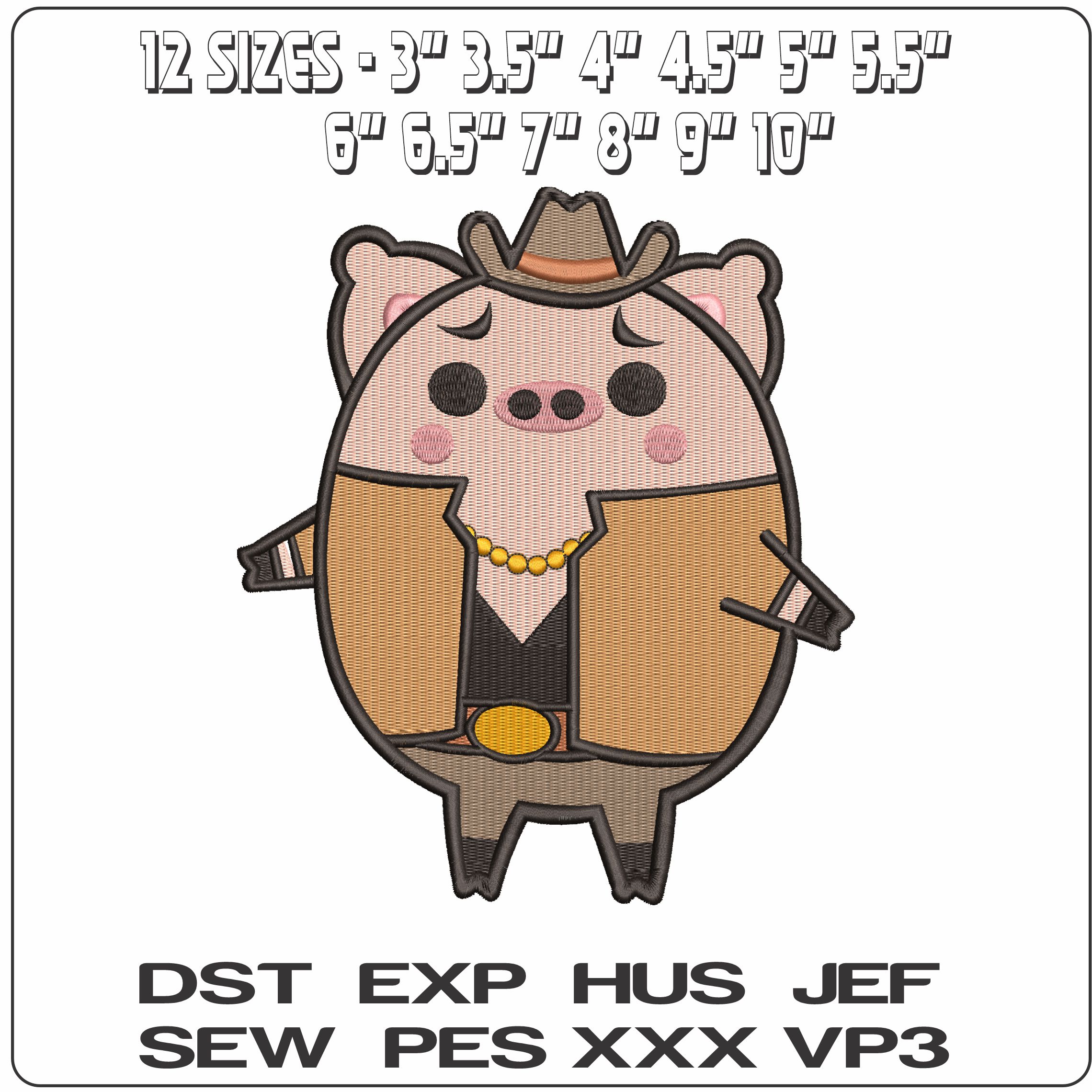 Cartoon Pig with gold chain and Cowboy hat  - Elegant embroidery design file - instant download — view 2