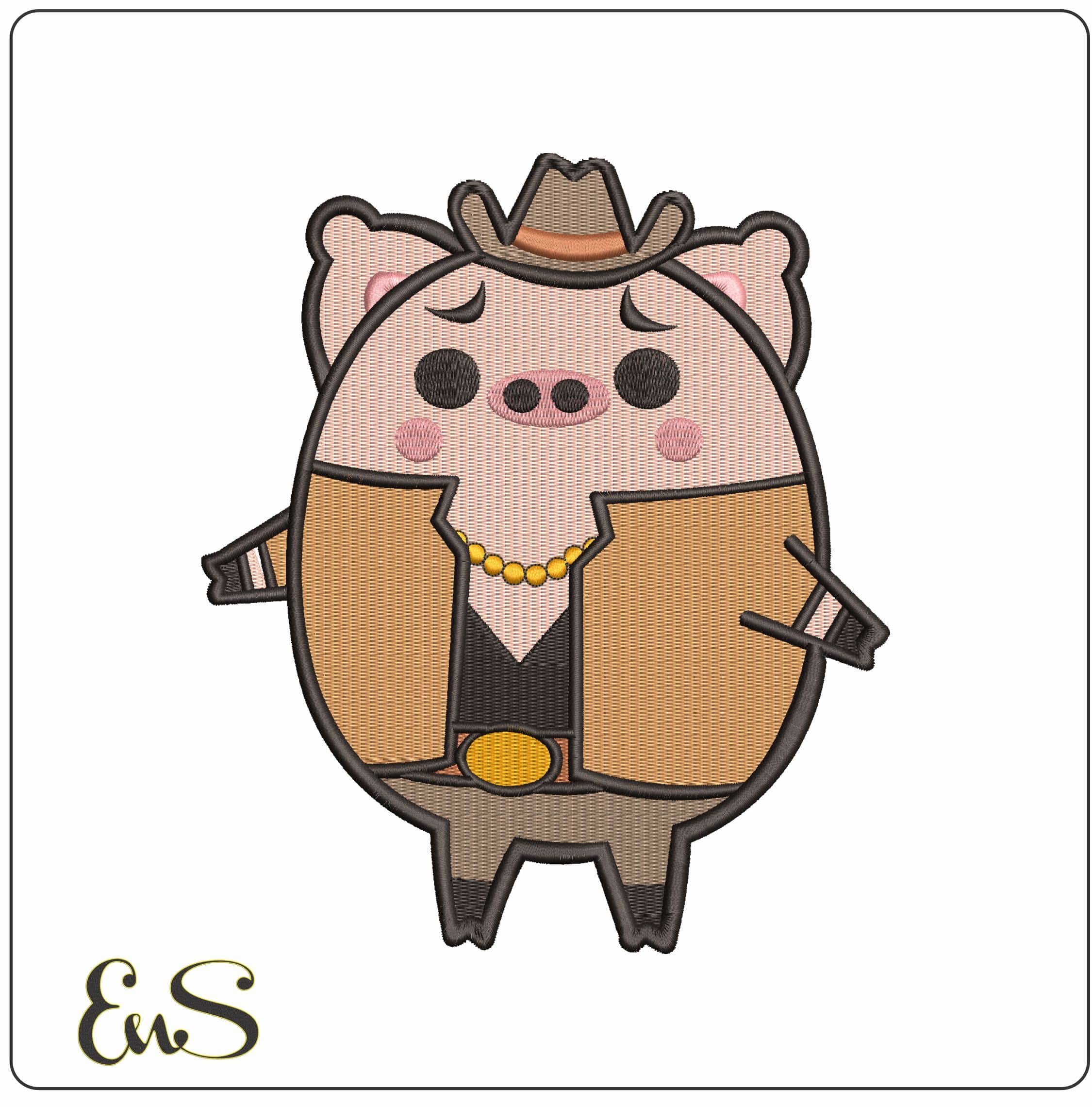 Cartoon Pig with gold chain and Cowboy hat  - Elegant embroidery design file - instant download