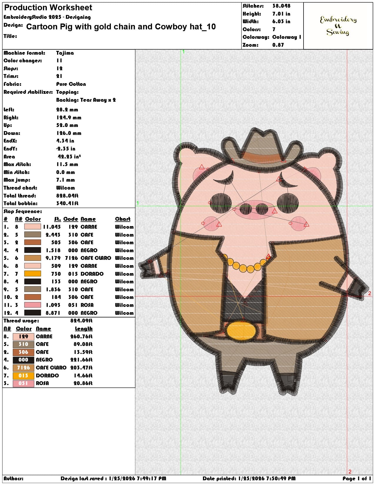 Cartoon Pig with gold chain and Cowboy hat  - Elegant embroidery design file - instant download — view 3