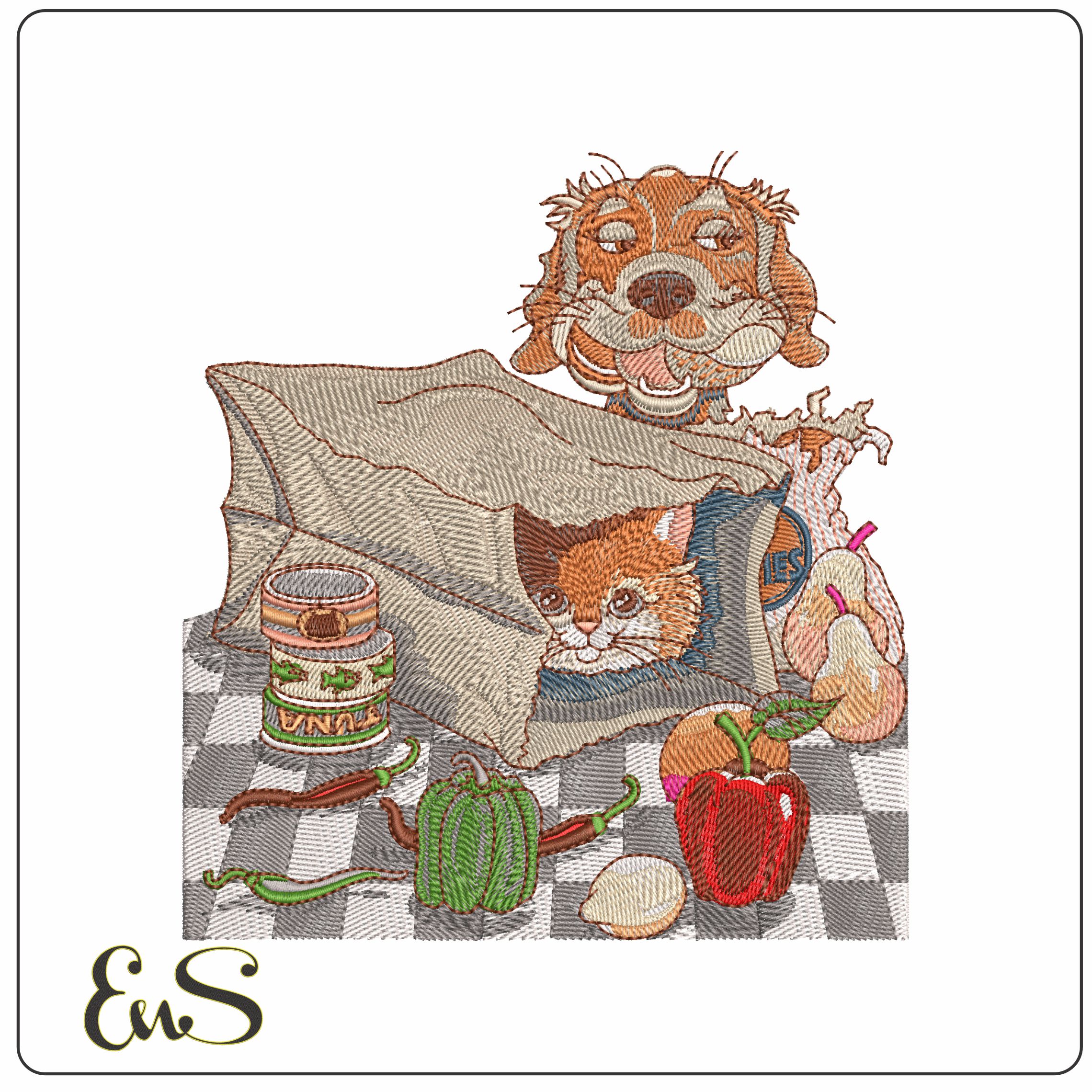Cat and Dog opening Shopping  - Elegant embroidery design file - instant download