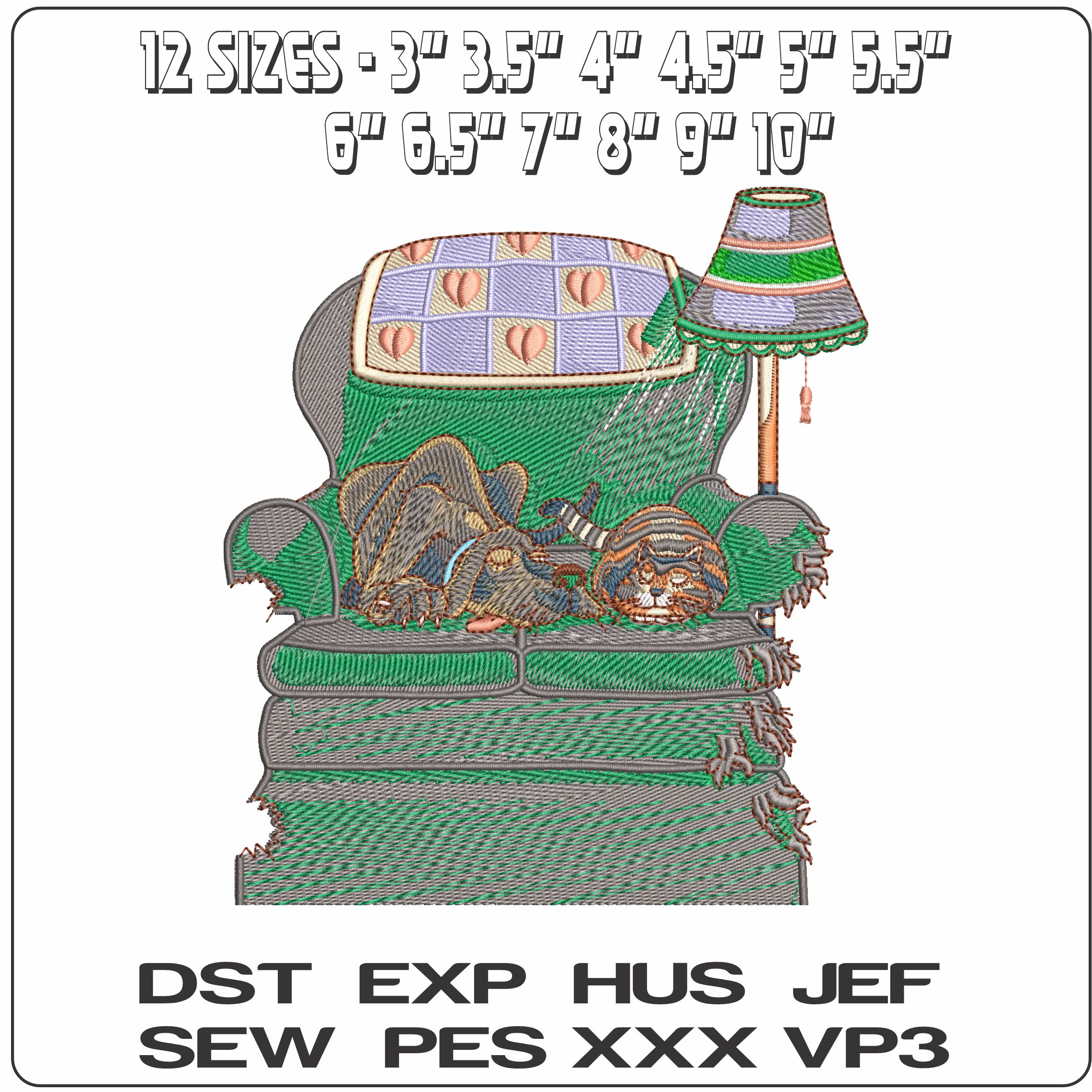 Cat and Dog sleeping on chair  - Elegant embroidery design file - instant download — view 2