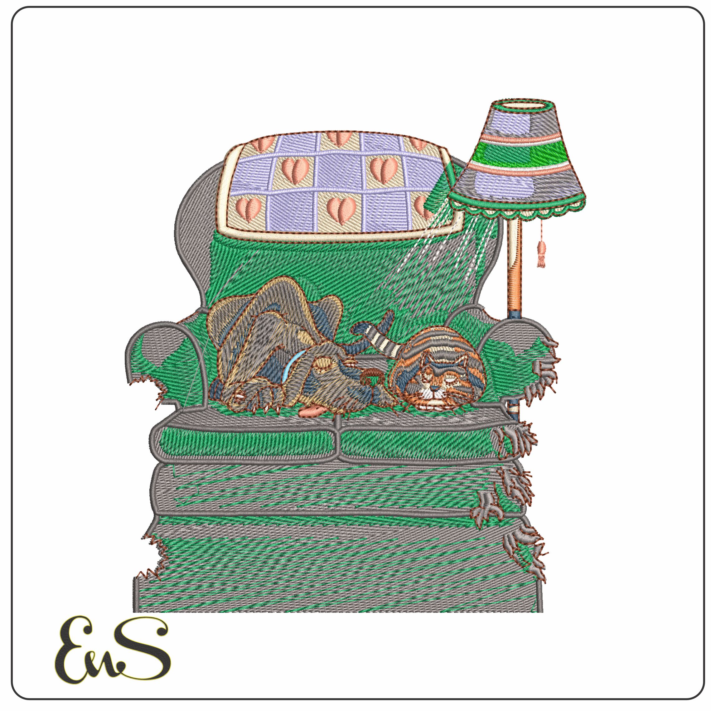 Cat and Dog sleeping on chair  - Elegant embroidery design file - instant download