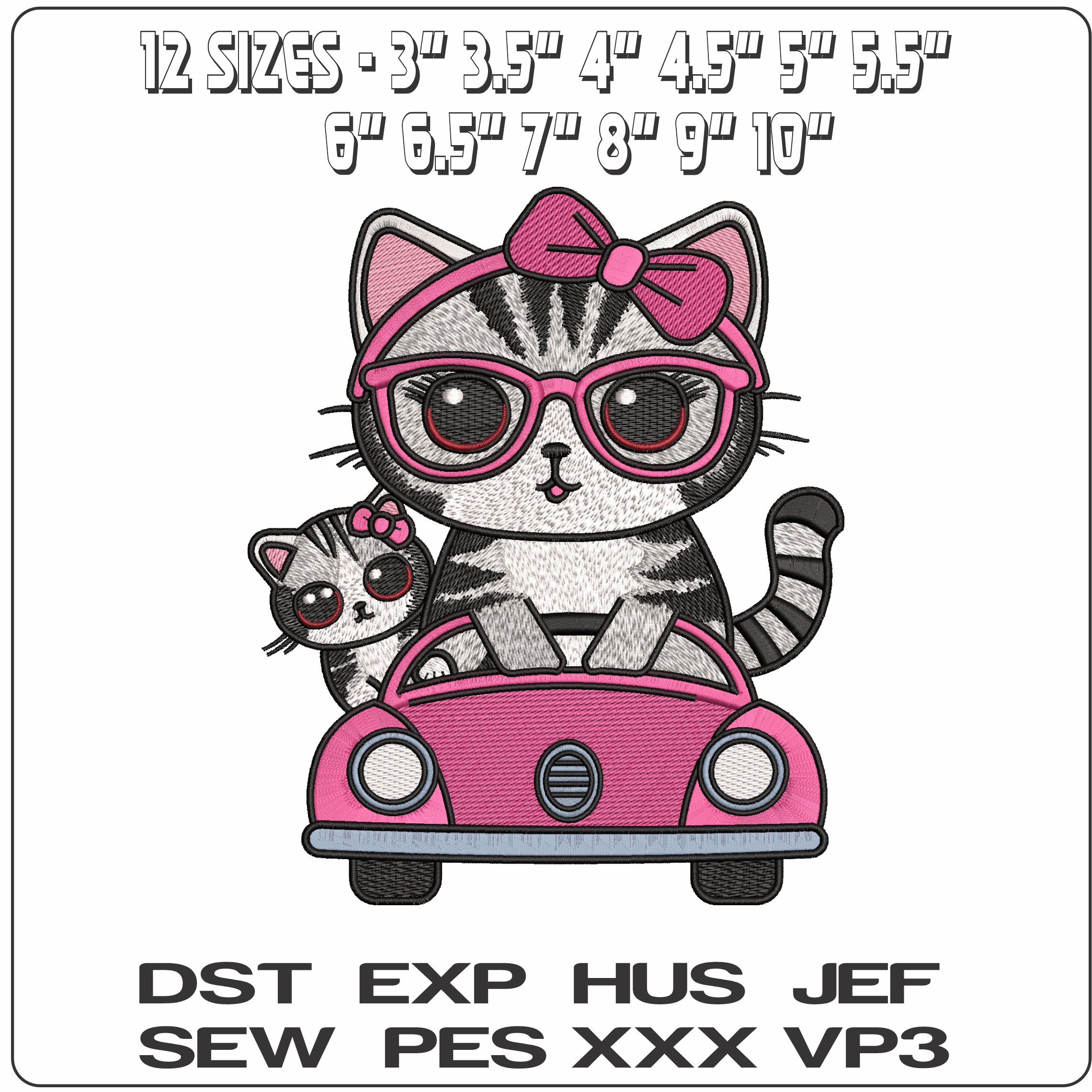 Cat and Kitten in Pink car  - Elegant embroidery design file - instant download — view 2