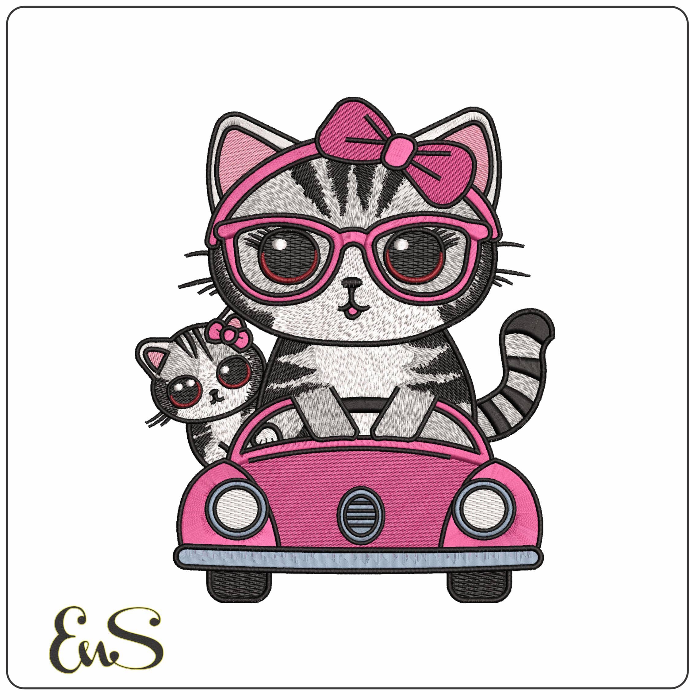 Cat and Kitten in Pink car  - Elegant embroidery design file - instant download