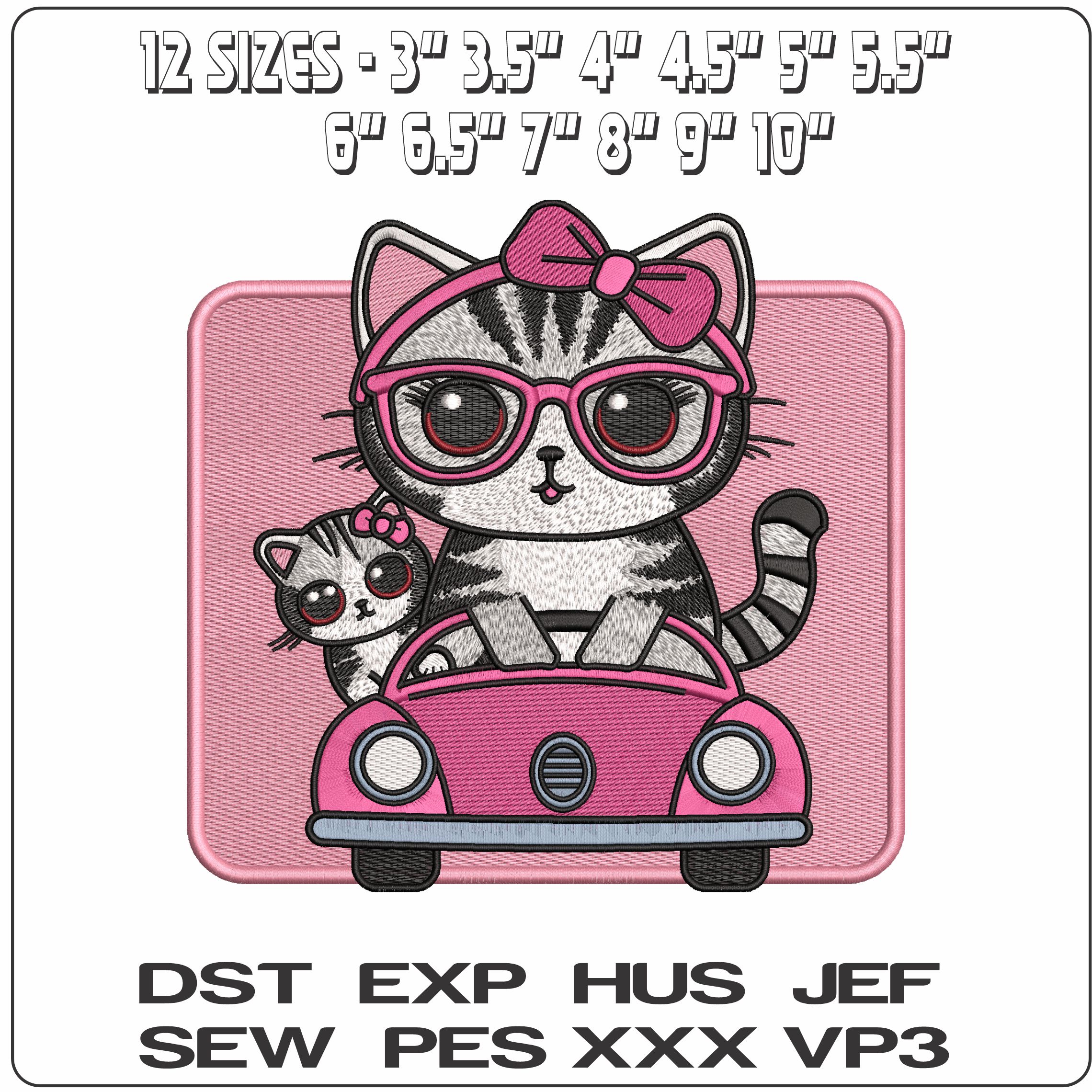 Cat and Kitten in Pink car and Frame  - Elegant embroidery design file - instant download — view 2
