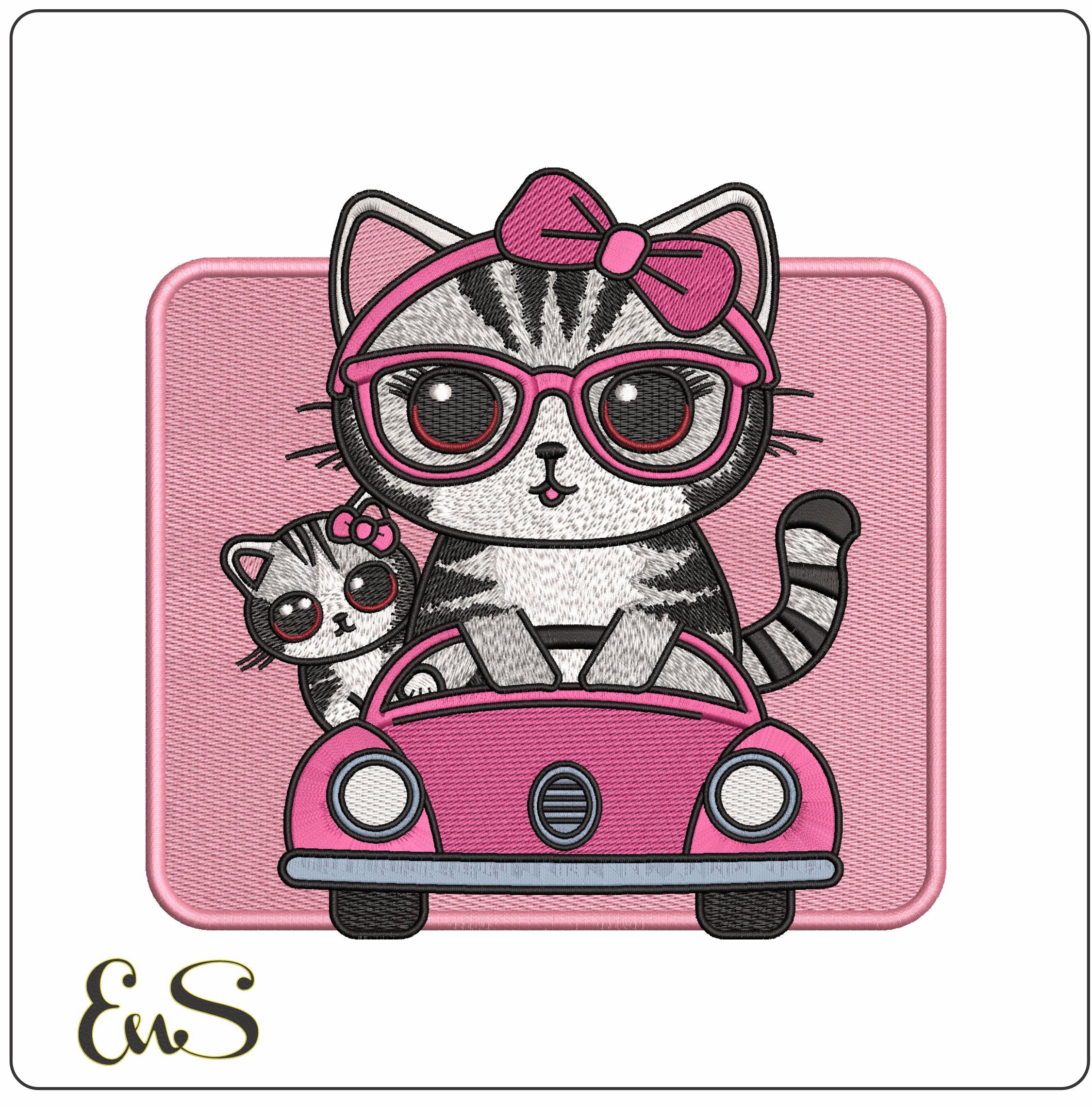 Cat and Kitten in Pink car and Frame  - Elegant embroidery design file - instant download