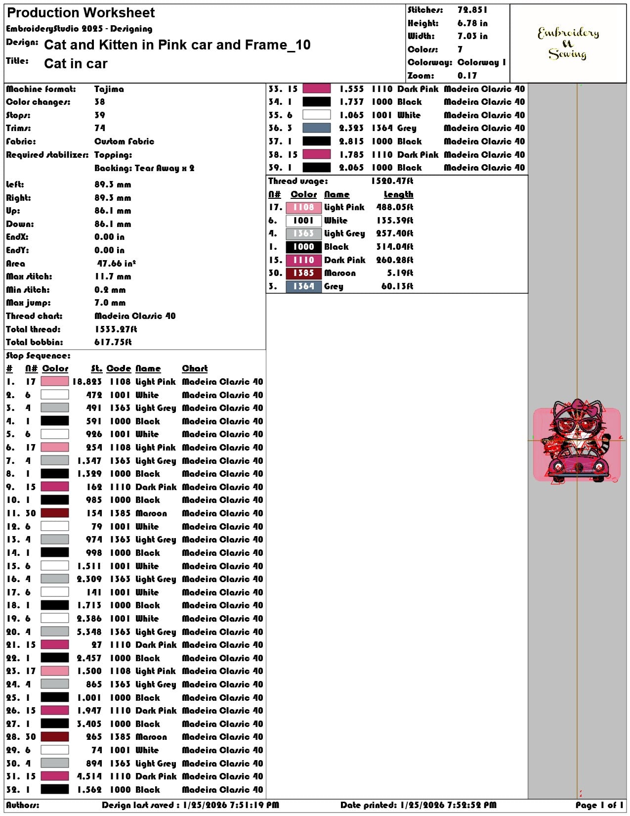 Cat and Kitten in Pink car and Frame  - Elegant embroidery design file - instant download — view 3