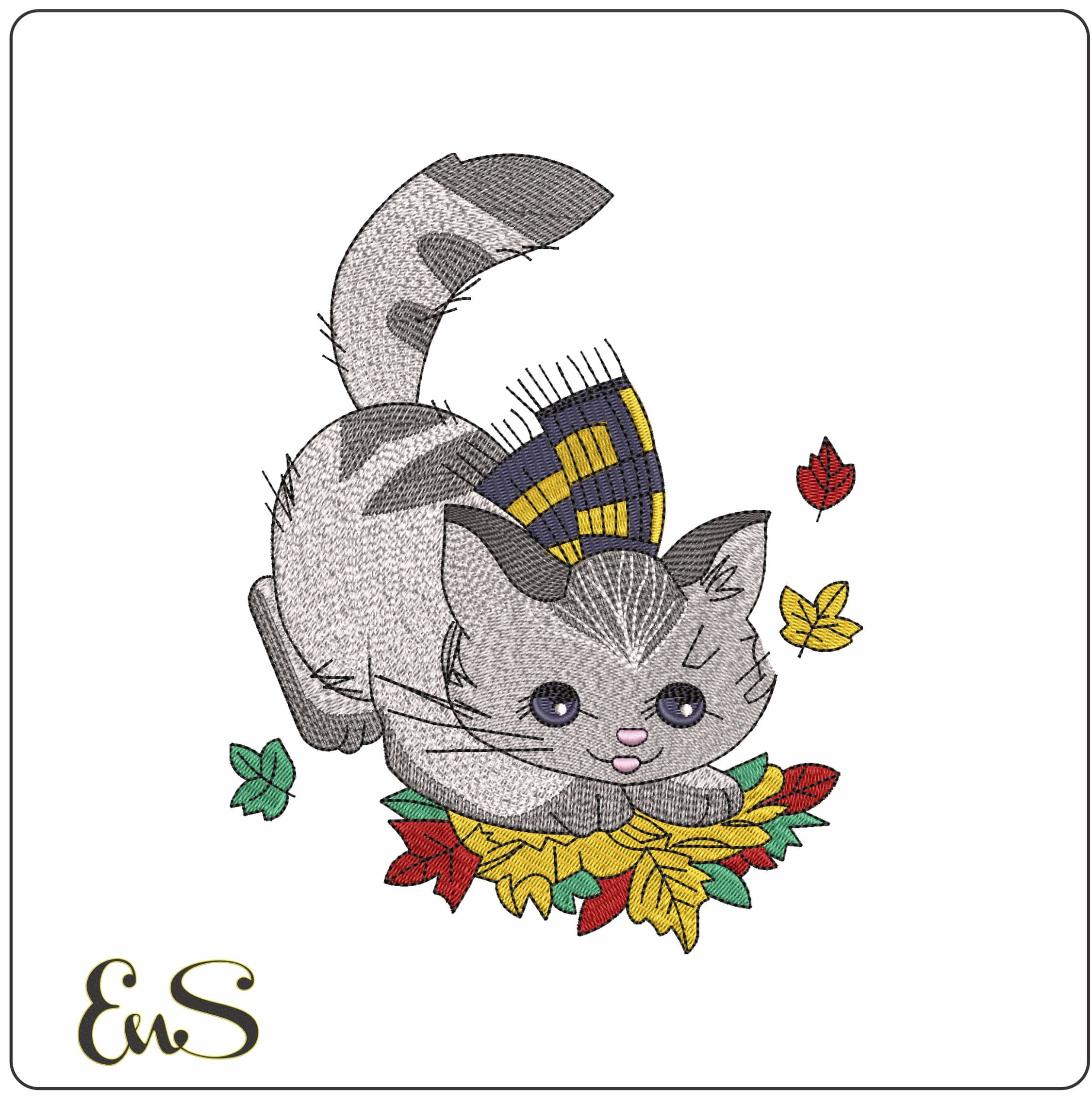 Cat in Leaves  - Elegant embroidery design file - instant download