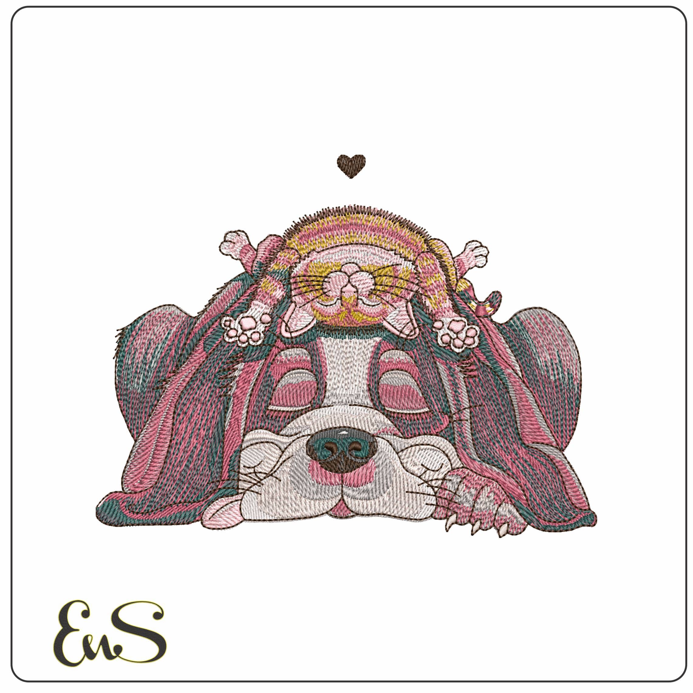 Cat Sleeping on Dog  - Elegant embroidery design file - instant download