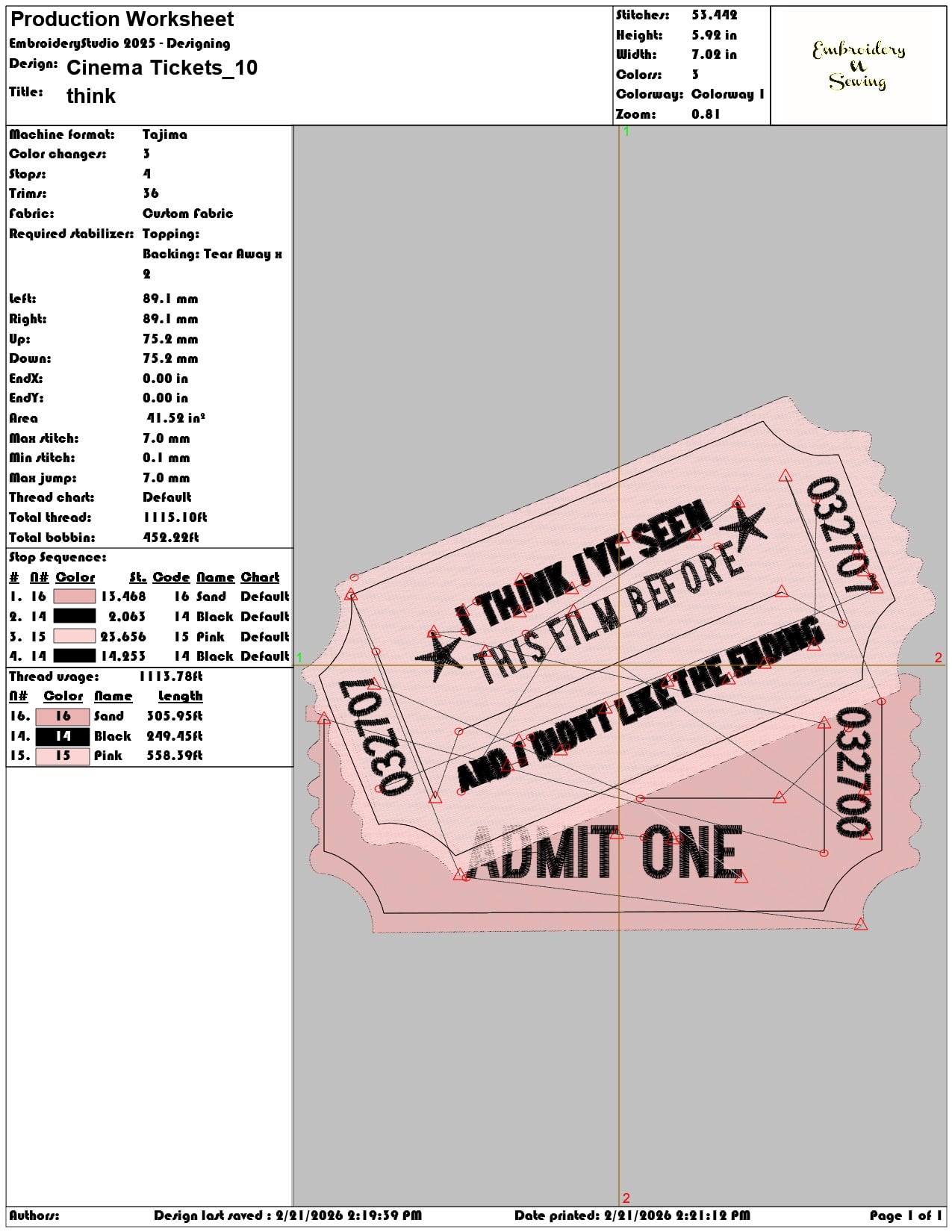 Cinema Tickets  - Elegant embroidery design file - instant download — view 3
