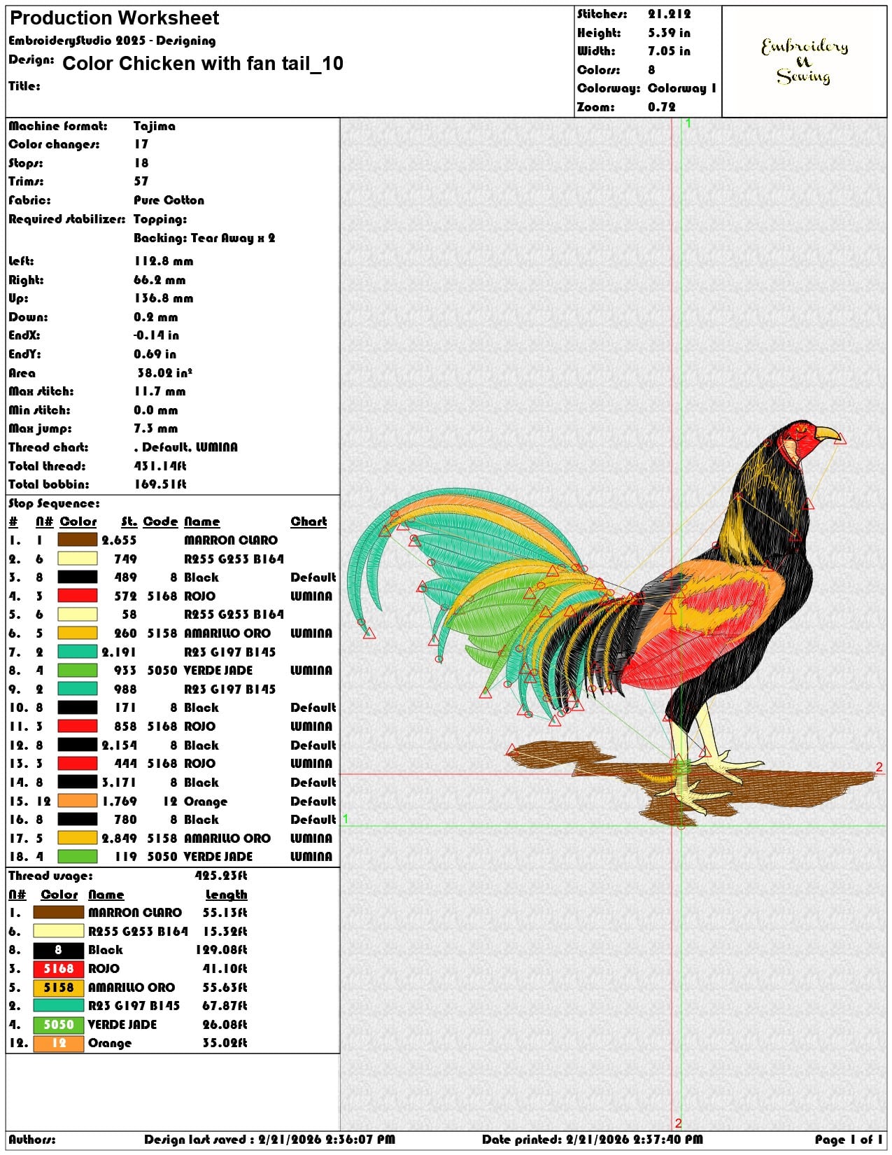 Color Chicken with fan tail  - Elegant embroidery design file - instant download — view 3