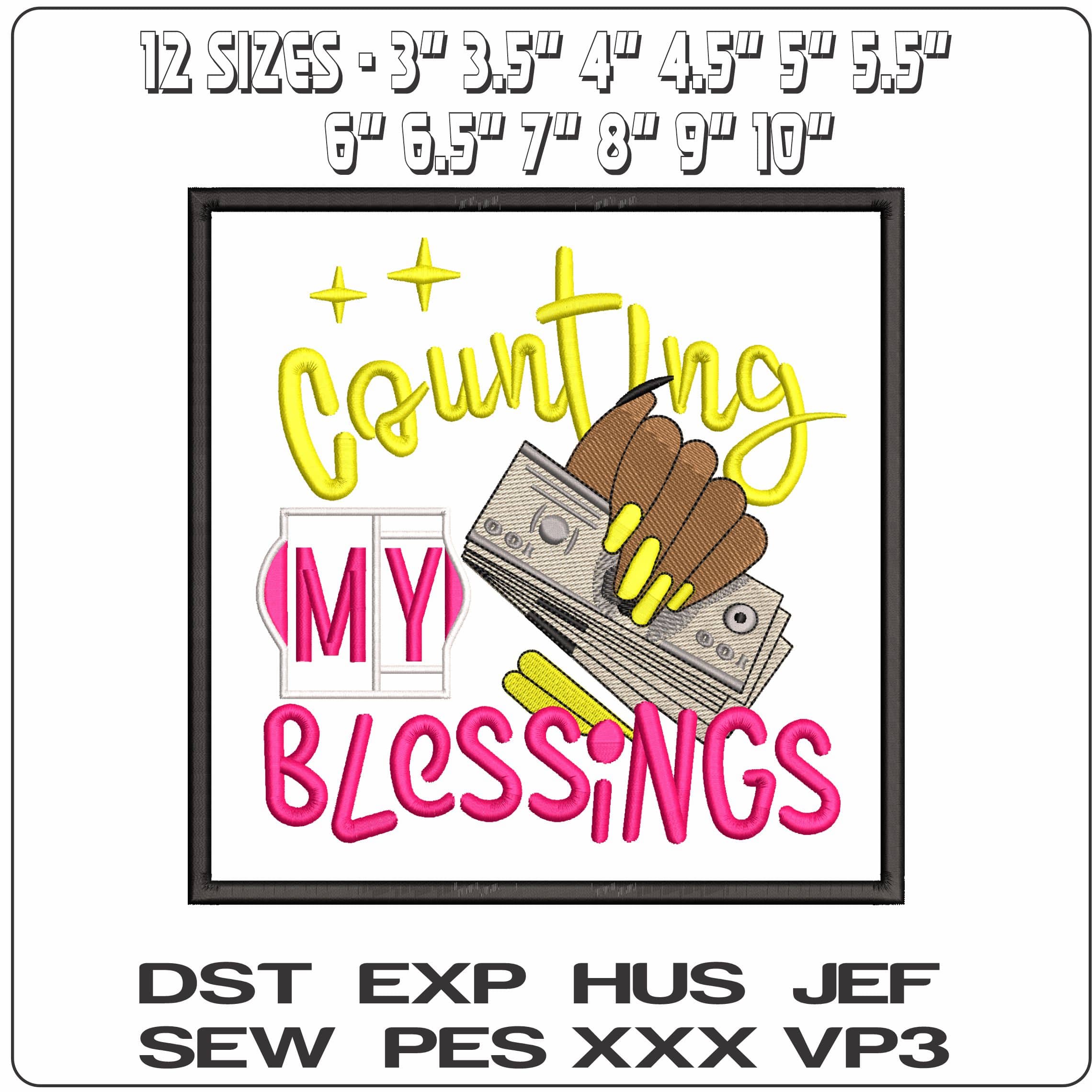 Count my Blessing cash hand  - Elegant embroidery design file - instant download — view 2