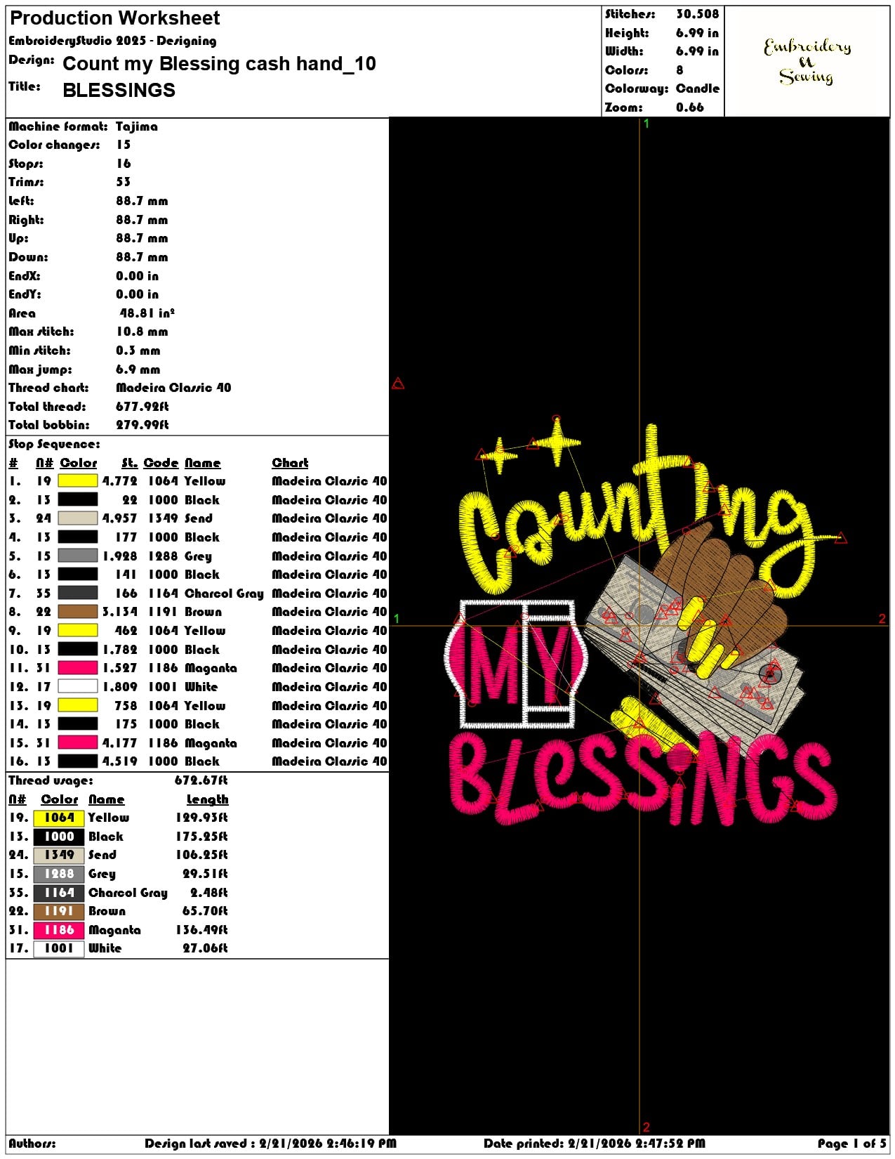 Count my Blessing cash hand  - Elegant embroidery design file - instant download — view 3