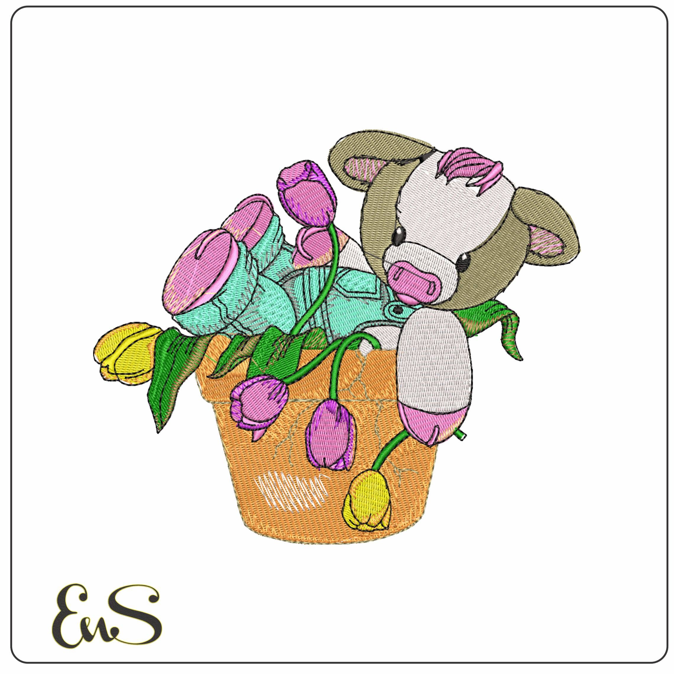 Cow in Flower Pot  - Elegant embroidery design file - instant download
