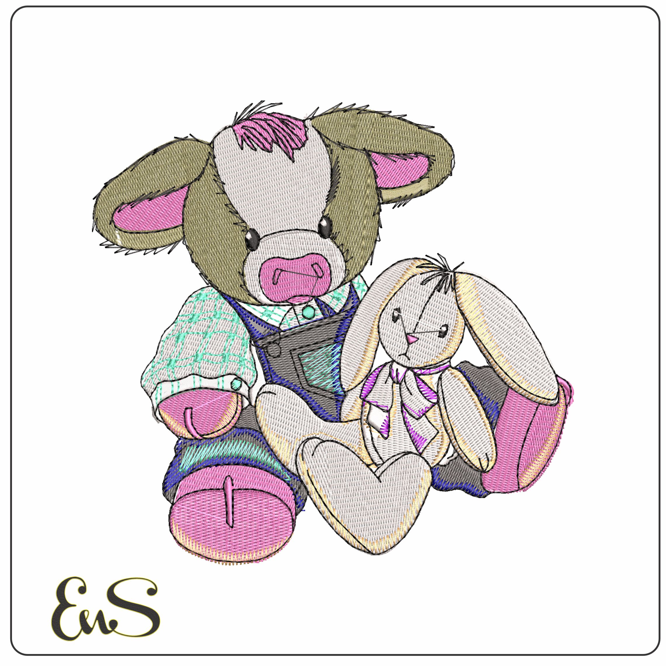 Cow with Bunny   - Elegant embroidery design file - instant download