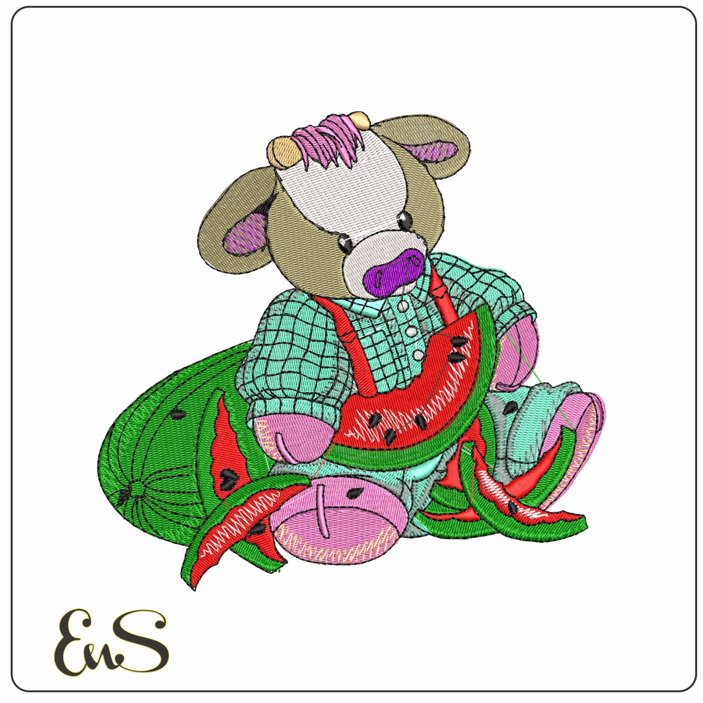 Cow with Watermelon   - Elegant embroidery design file - instant download