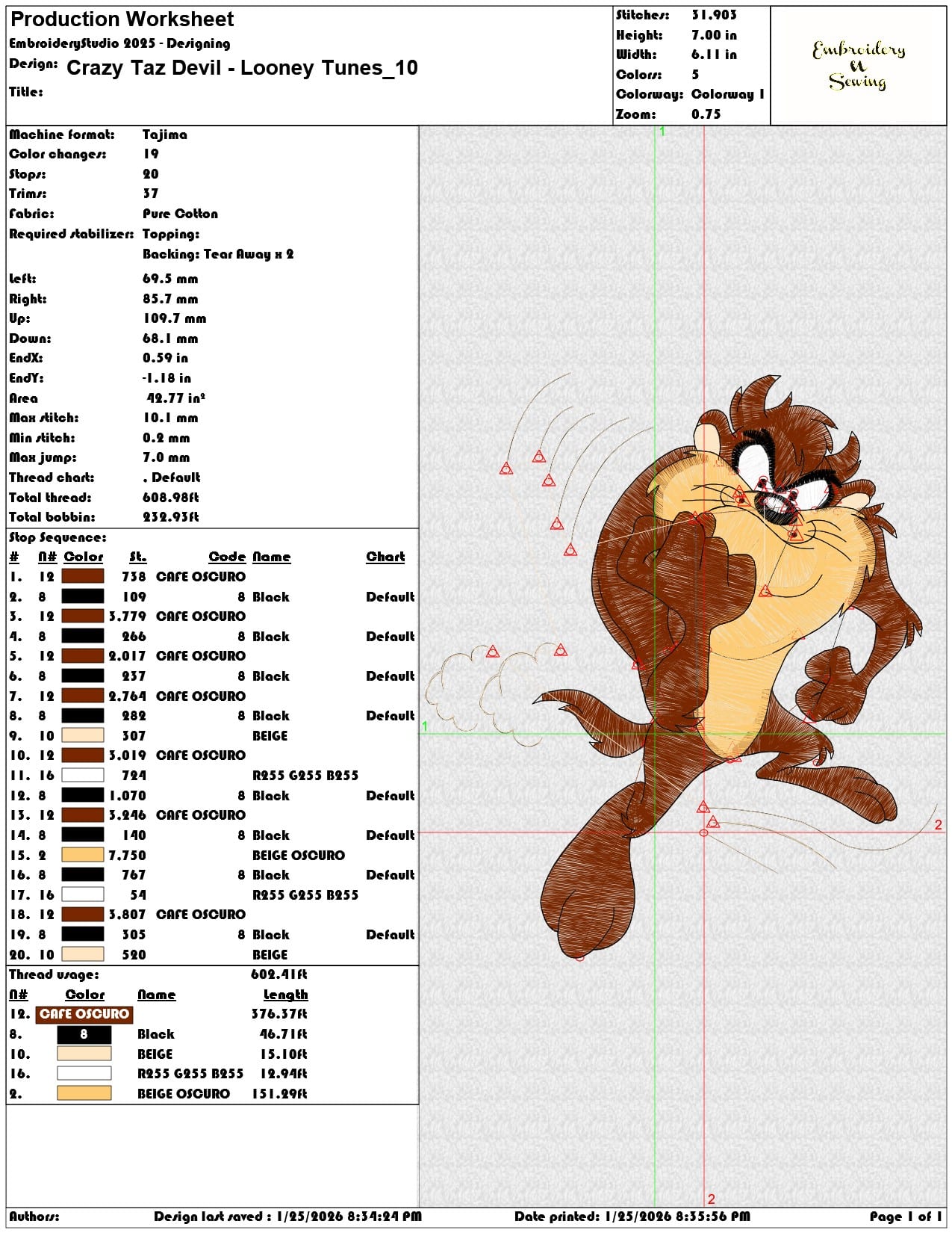 Crazy Taz Devil Looney Tunes   - Elegant embroidery design file - instant download — view 3