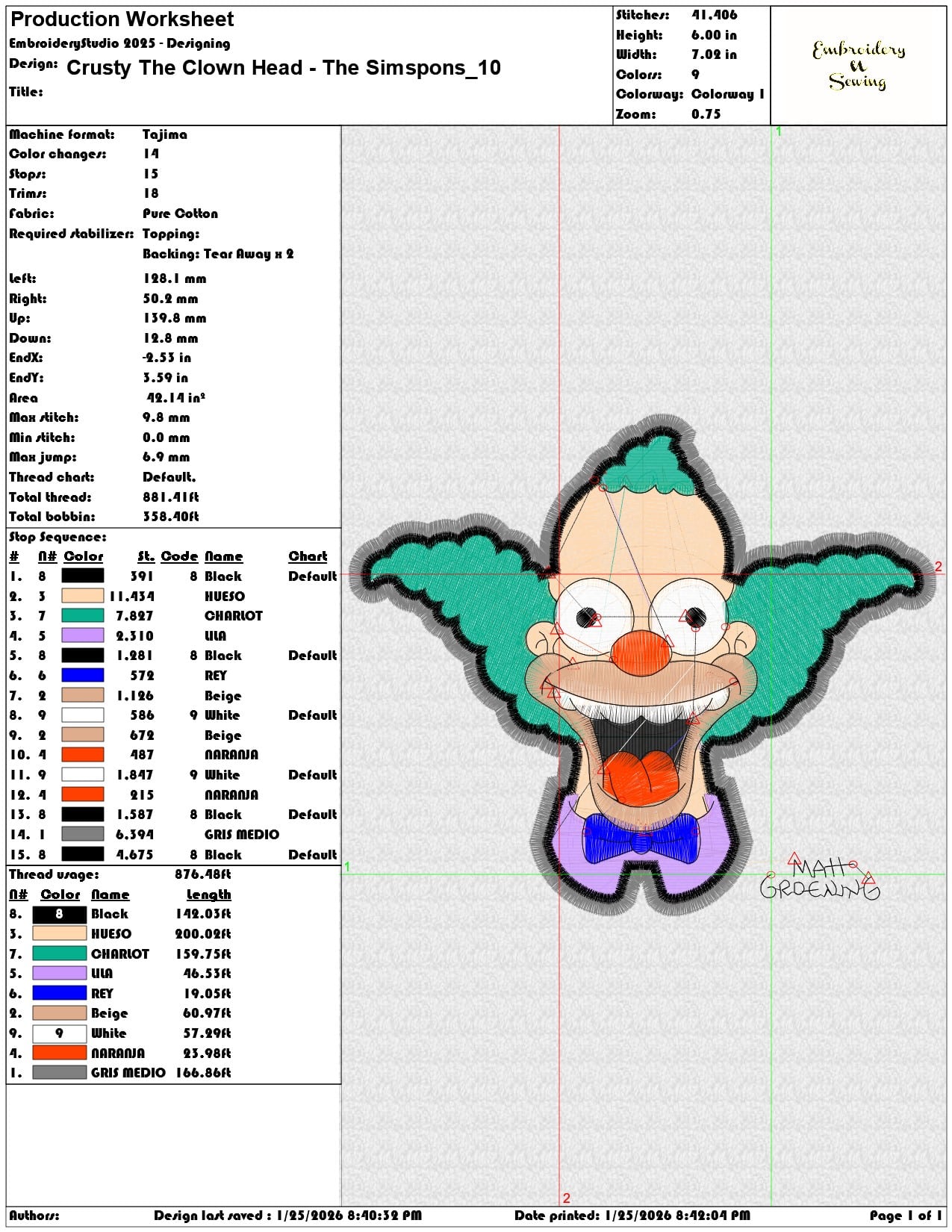Crusty The Clown Head The Simspons   - Elegant embroidery design file - instant download — view 3