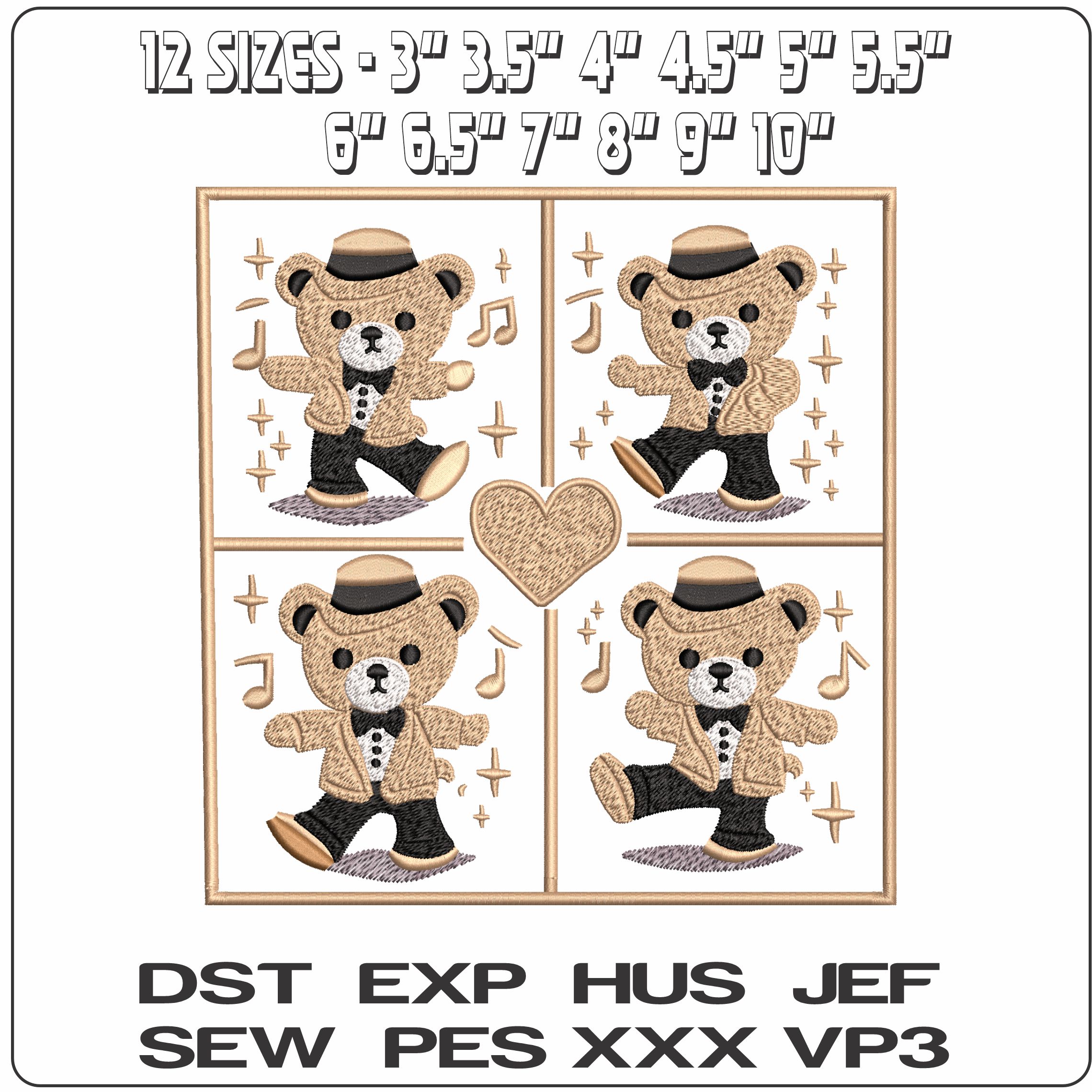 Dancing teddy with Music Notes in a frame   - Elegant embroidery design file - instant download — view 2
