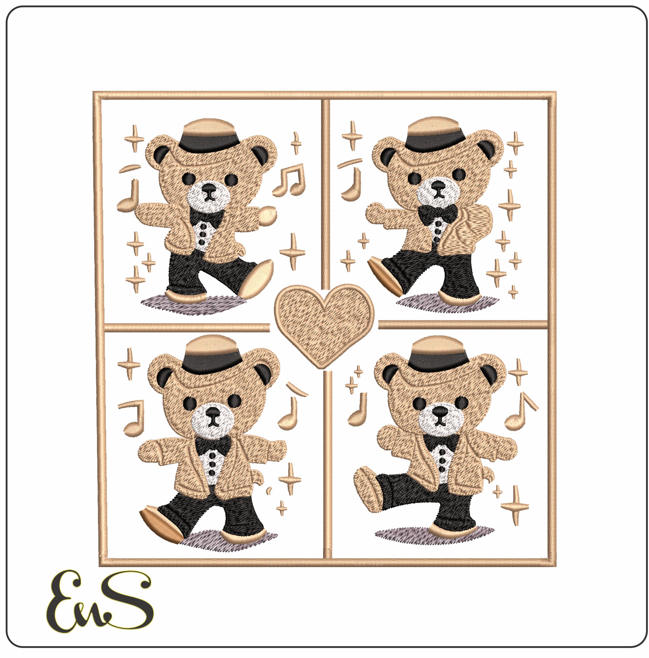 Dancing teddy with Music Notes in a frame   - Elegant embroidery design file - instant download