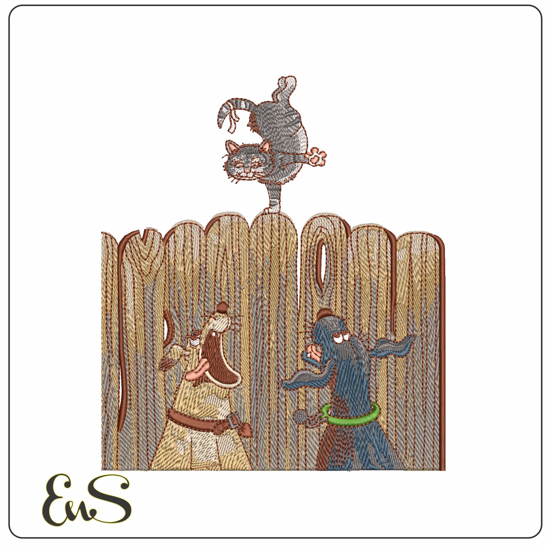 Dog Barking at Cat   - Elegant embroidery design file - instant download
