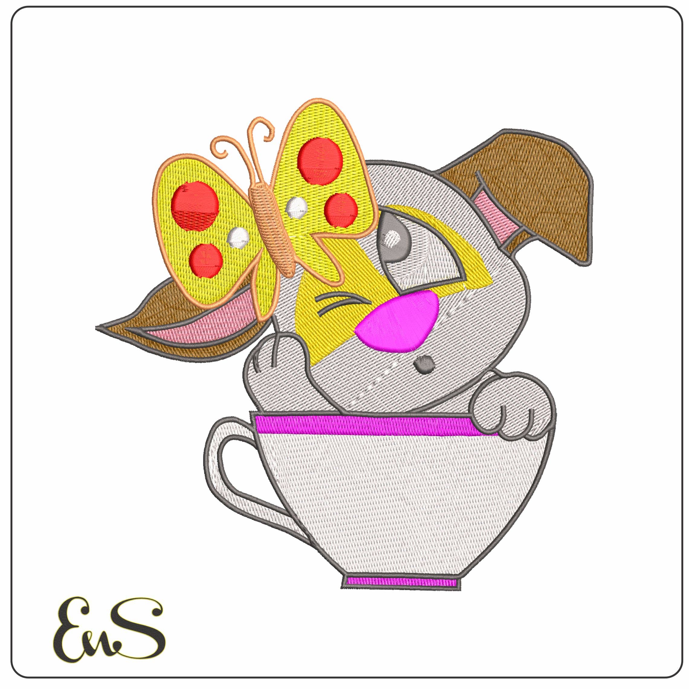 Dog in Teacup Butterfly  - Elegant embroidery design file - instant download